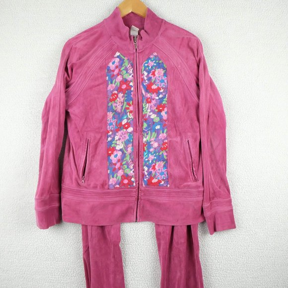 Vintage Velour Track Suit Womens Medium Pink Barbie Sporty Floral 90s Y2K - Picture 1 of 15